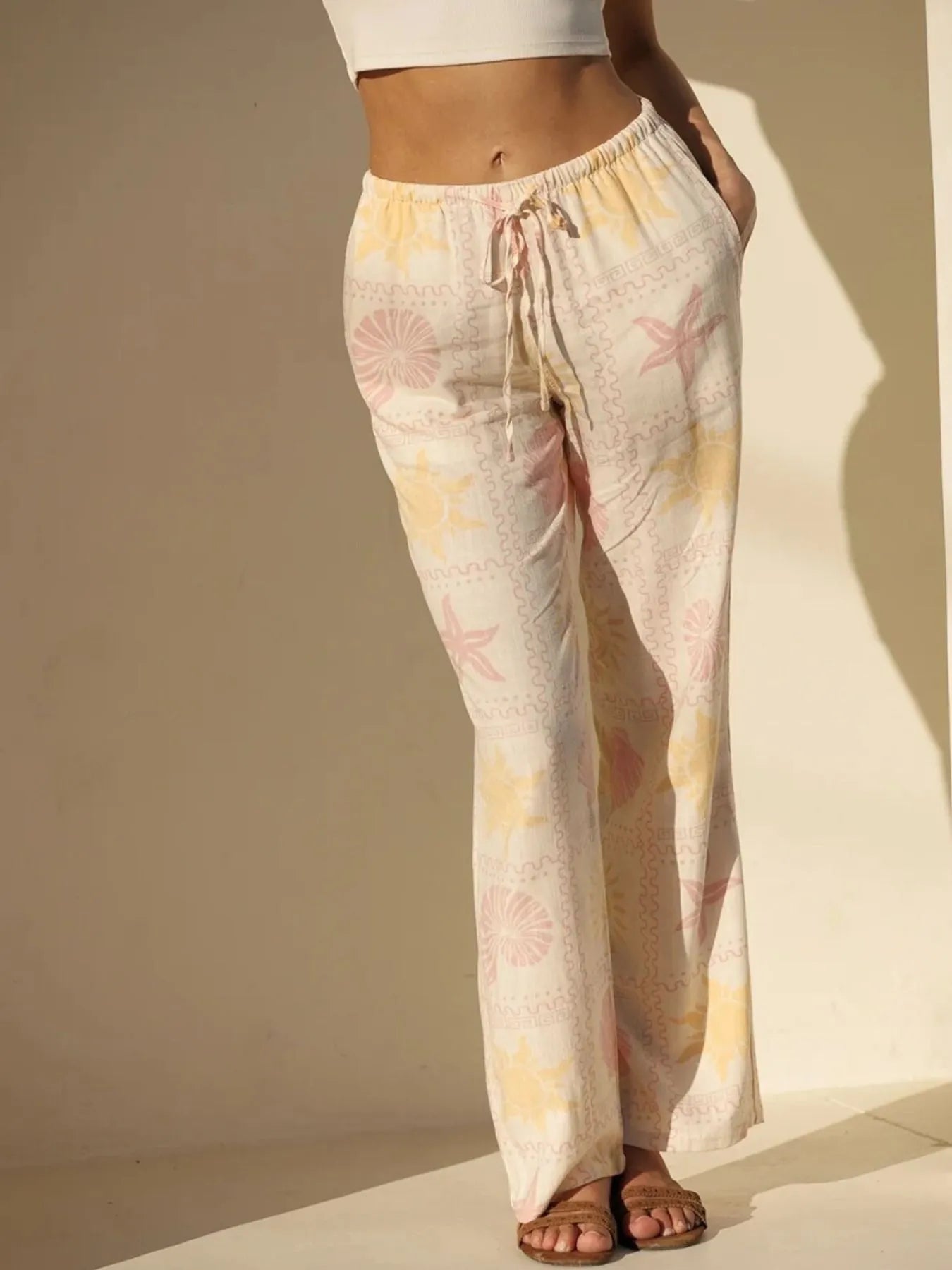 Soft printed drawstring straight pants with pastel tie-dye starfish pattern