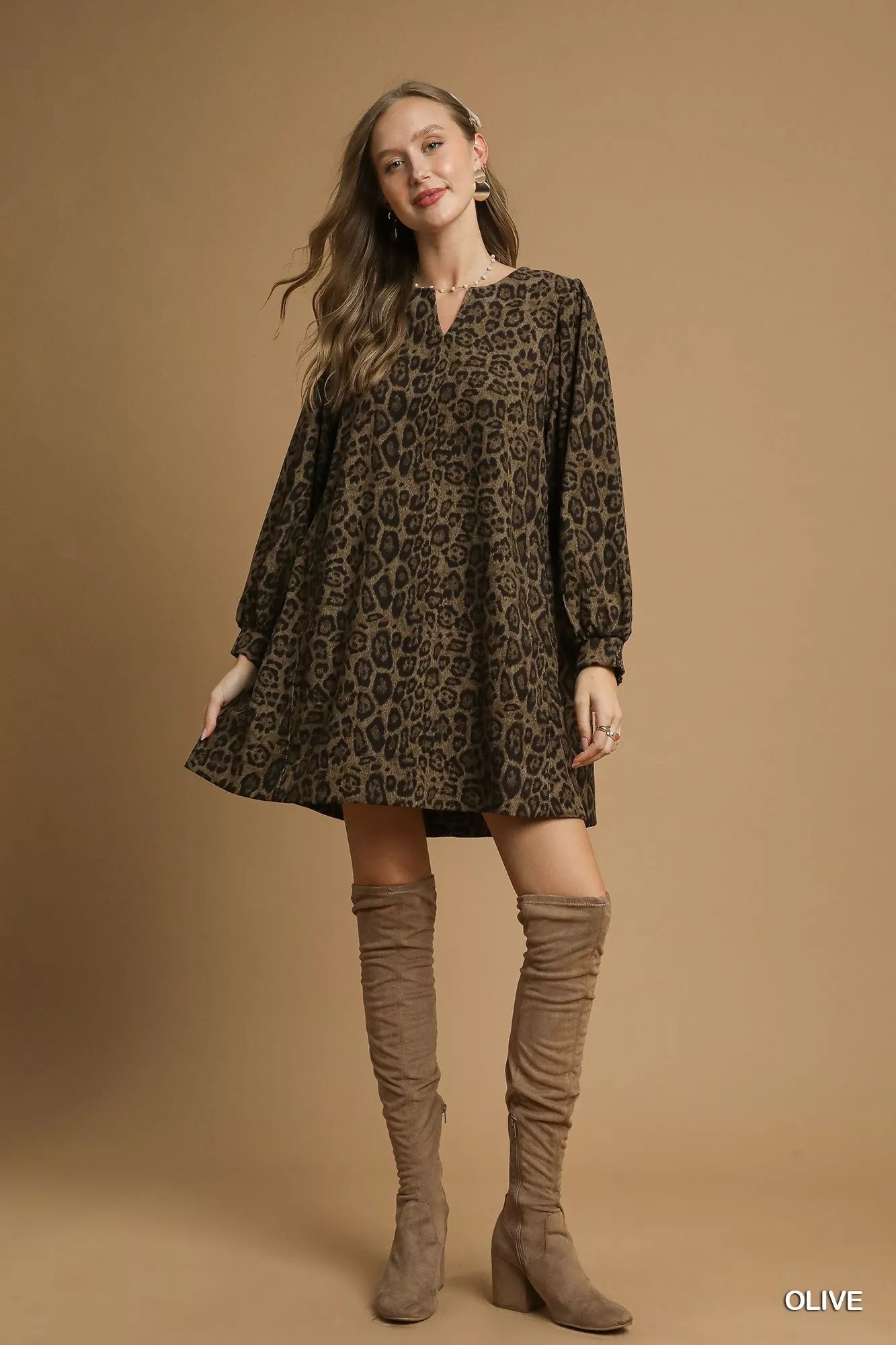 Umgee Leopard Print Long Sleeve Swing Dress | Mini Dresses Daverri Fashions