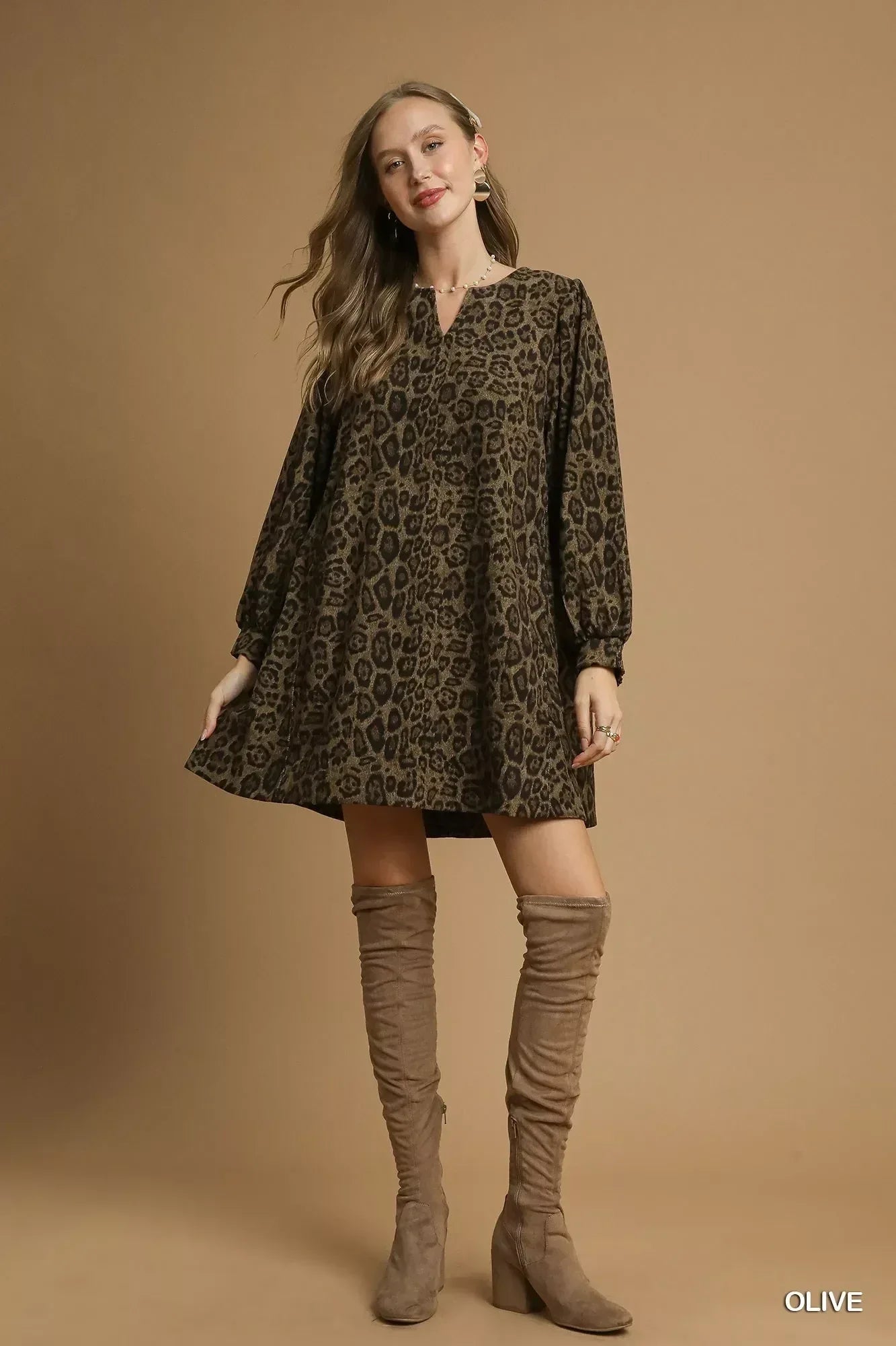 Umgee Leopard Print Long Sleeve Swing Dress - DAVERRI FASHIONS