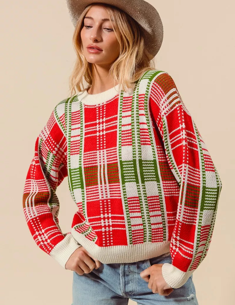 SO ME Christmas Color Checkered Plaid Crew Neck Sweater | Sweaters Daverri Fashions