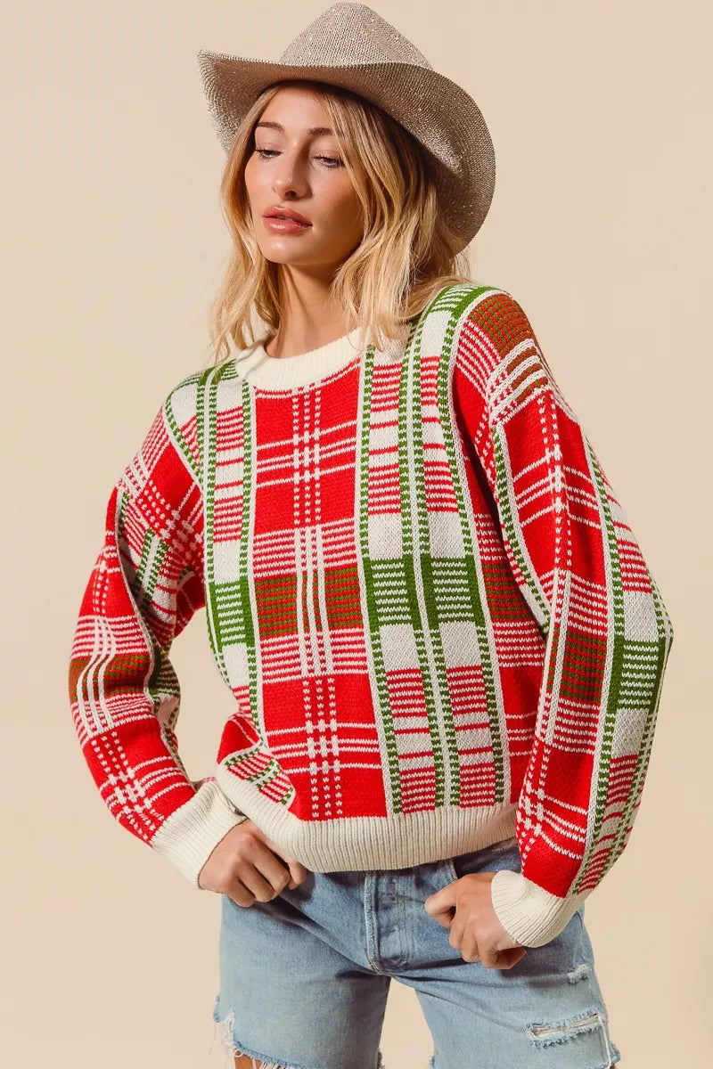 SO ME Christmas Color Checkered Plaid Crew Neck Sweater | Sweaters Daverri Fashions
