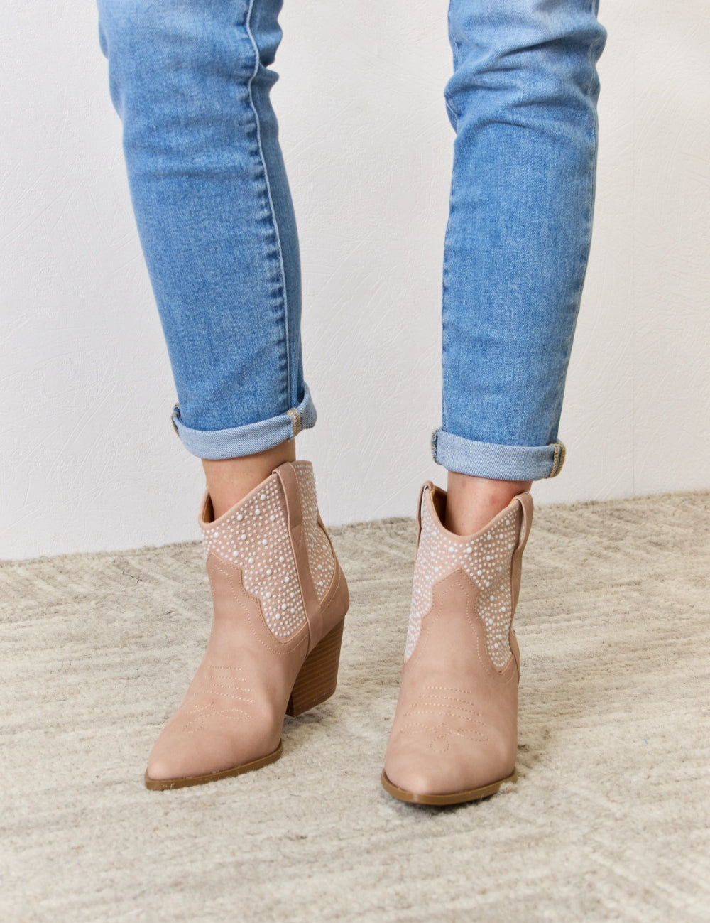 East Lion Corp Rhinestone Ankle Cowgirl Booties Blush