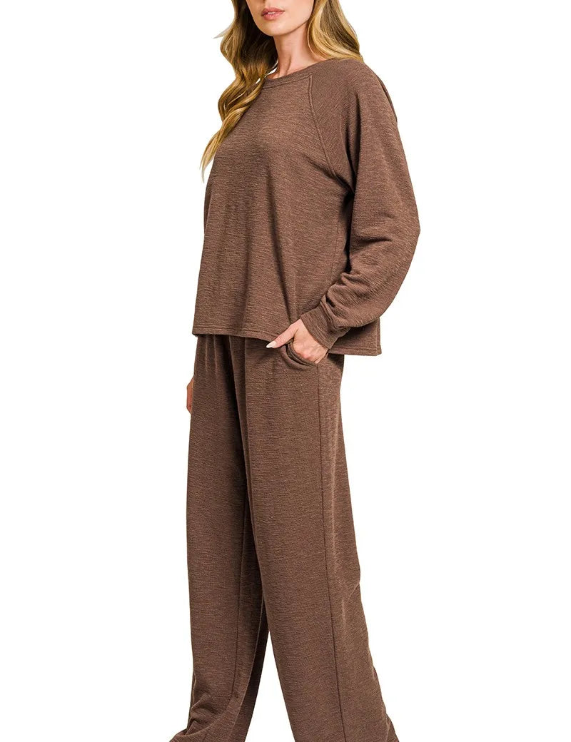 Zenana Slub Long Sleeve Top and Pants Lounge Set | Loungewear Sets Daverri Fashions