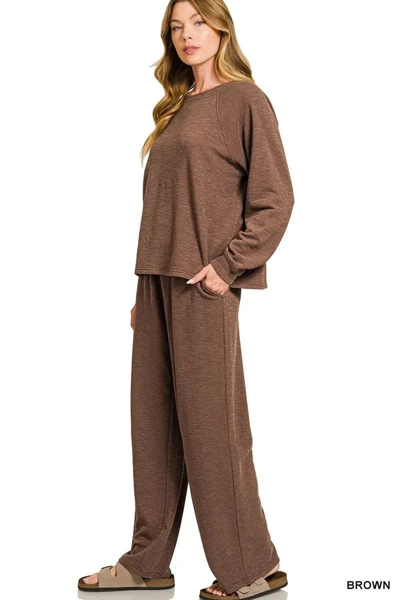 Zenana Slub Long Sleeve Top and Pants Lounge Set - DAVERRI FASHIONS