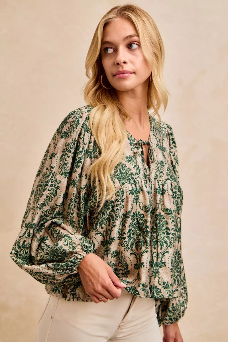 BiBi Printed Woven Front Tied Blouse with Baloon Sleeve | Blouses Daverri Fashions