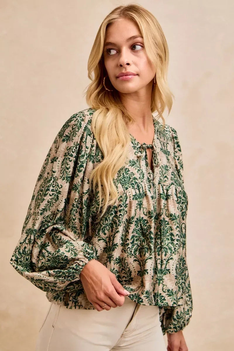 BiBi Printed Woven Front Tied Blouse with Baloon Sleeve - DAVERRI FASHIONS