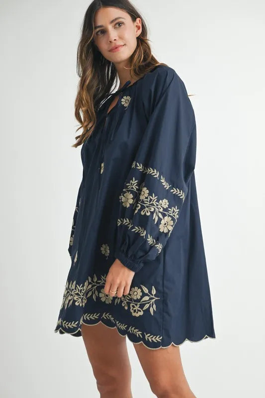 MABLE Embroidered Long Sleeve Peasant Mini Dress Mini Dresses