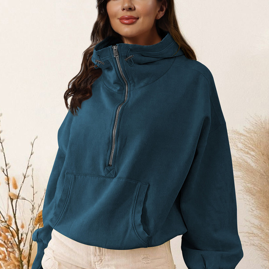 Deep Teal Zip-Up Dropped Shoulder Hoodie | Hoodies Daverri Fashions