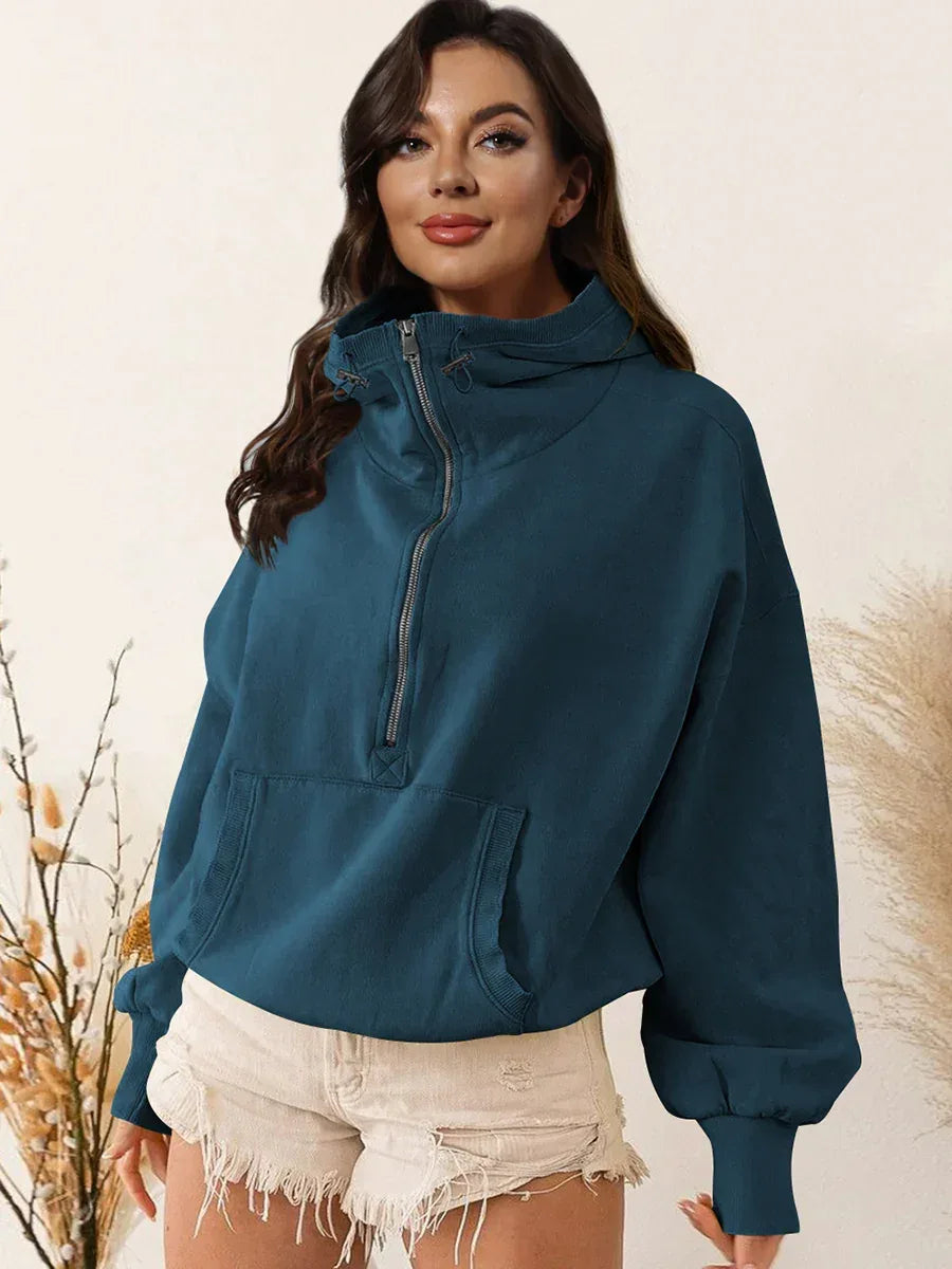 Zip-Up Dropped Shoulder Hoodie - DAVERRI FASHIONS