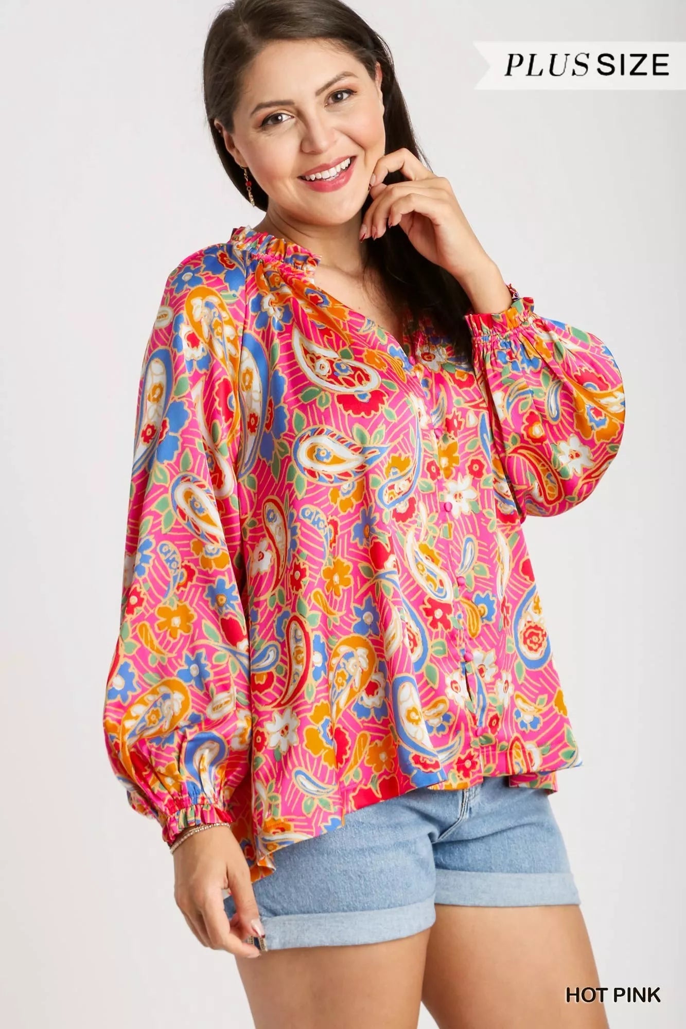 Umgee Full Size Satin Paisley Ruffle Neck Button-Up Shirt Plus Size | Shirts Daverri Fashions