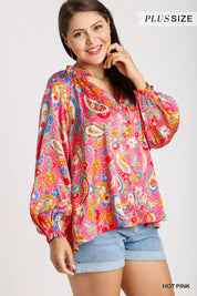 Umgee Full Size Satin Paisley Ruffle Neck Button-Up Shirt Plus Size | Shirts Daverri Fashions
