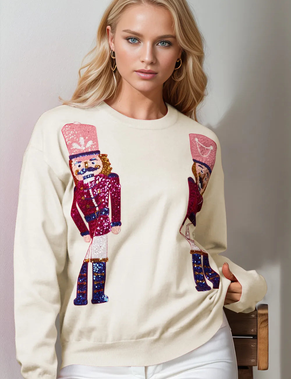 Ivory Double Take Full Size Nutcracker Sequin Long Sleeve Sweater | Sweaters Daverri Fashions