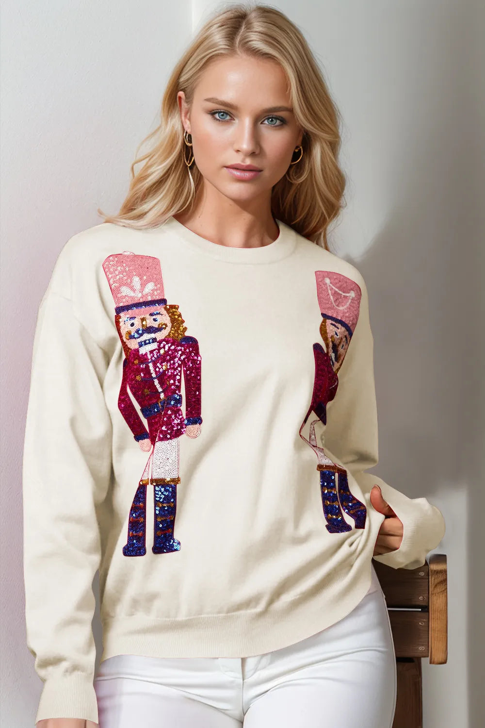 Ivory Double Take Full Size Nutcracker Sequin Long Sleeve Sweater | Sweaters Daverri Fashions