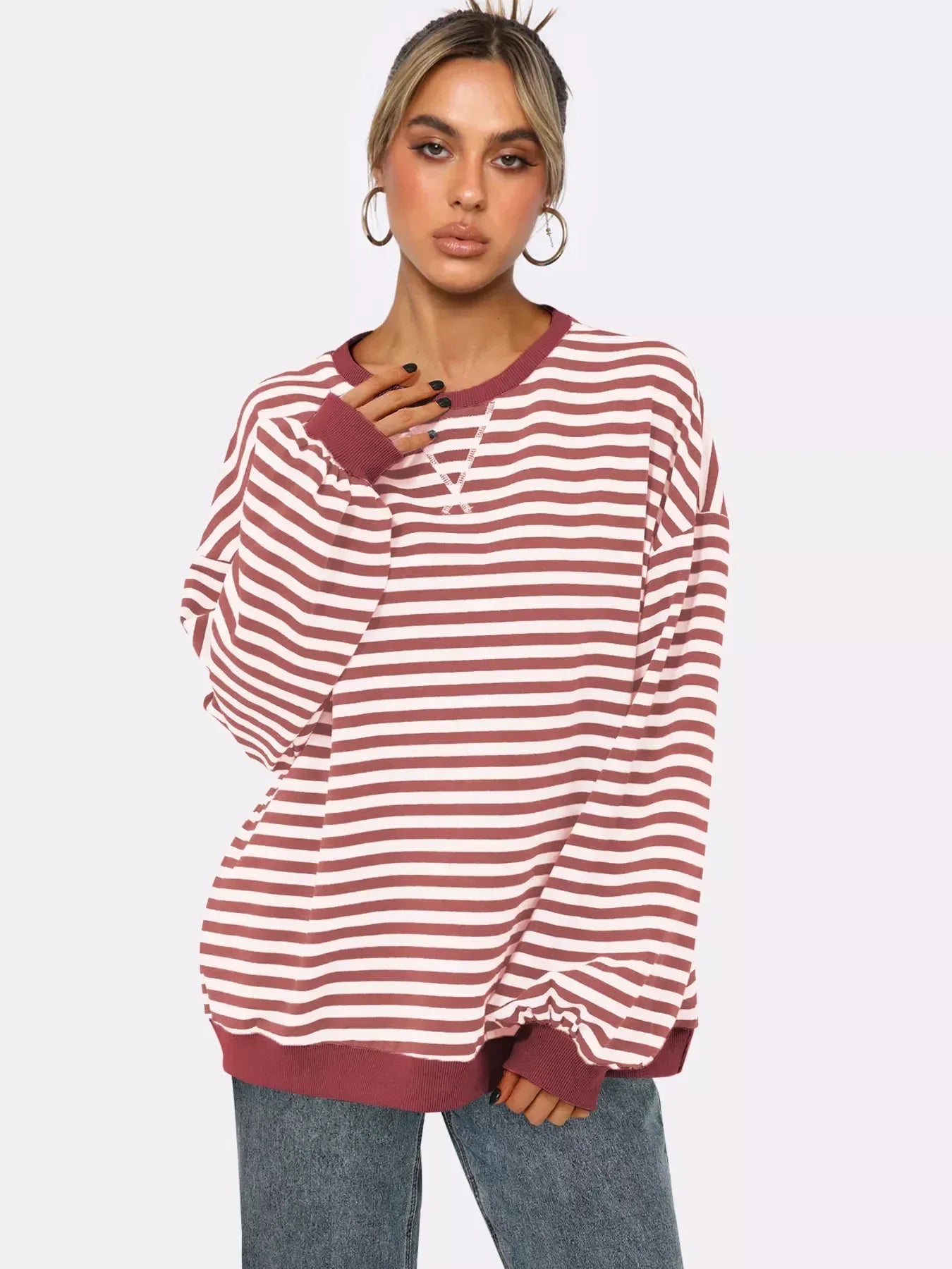 Striped Round Neck Long Sleeve Sweatshirt - DAVERRI FASHIONS