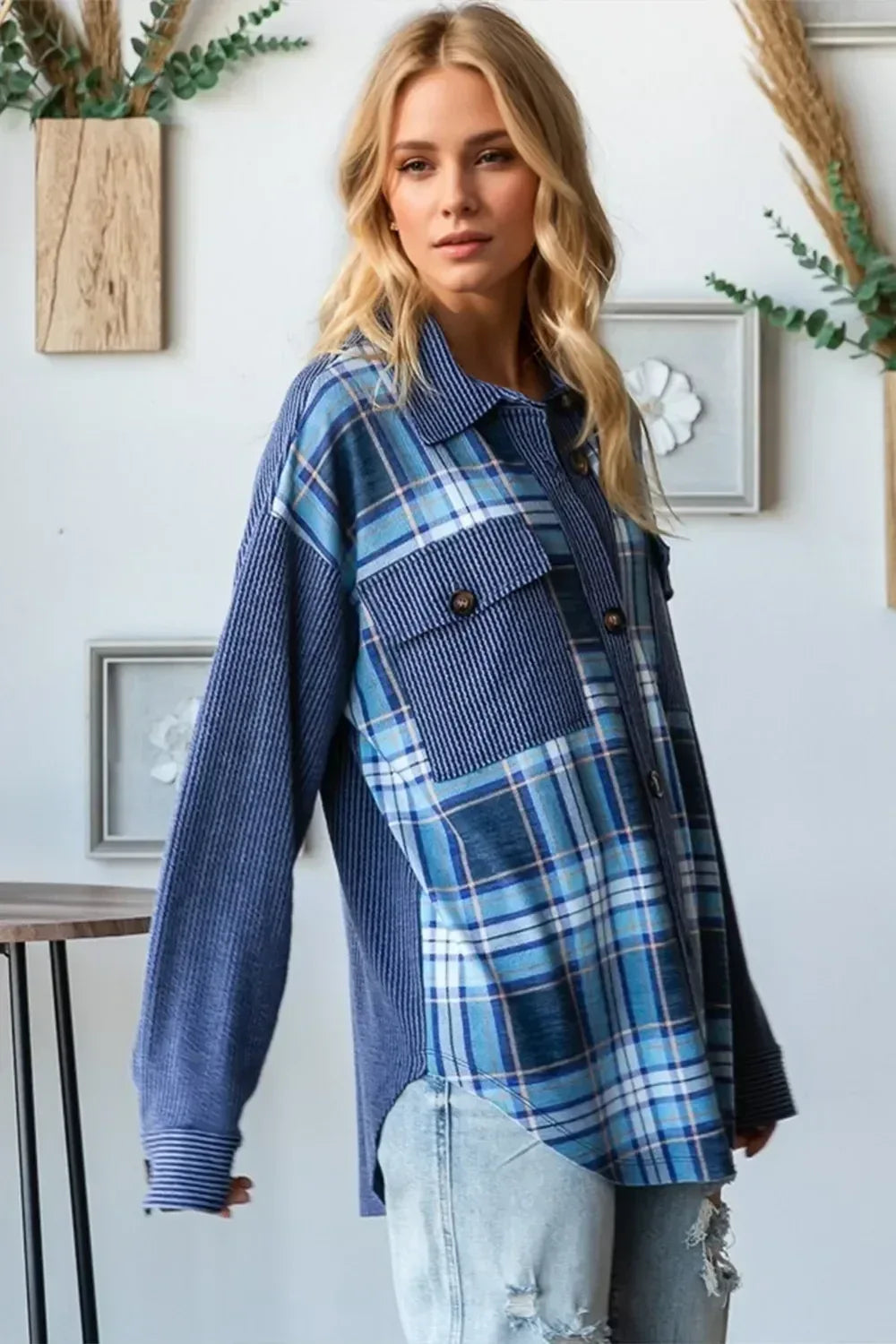 Oh Plaid Button Up Long Sleeve Shacket with Breast Pockets - DAVERRI FASHIONS