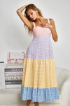 BiBi Color Block Tiered Gingham Midi Dress in pastel pink, lavender, yellow, blue