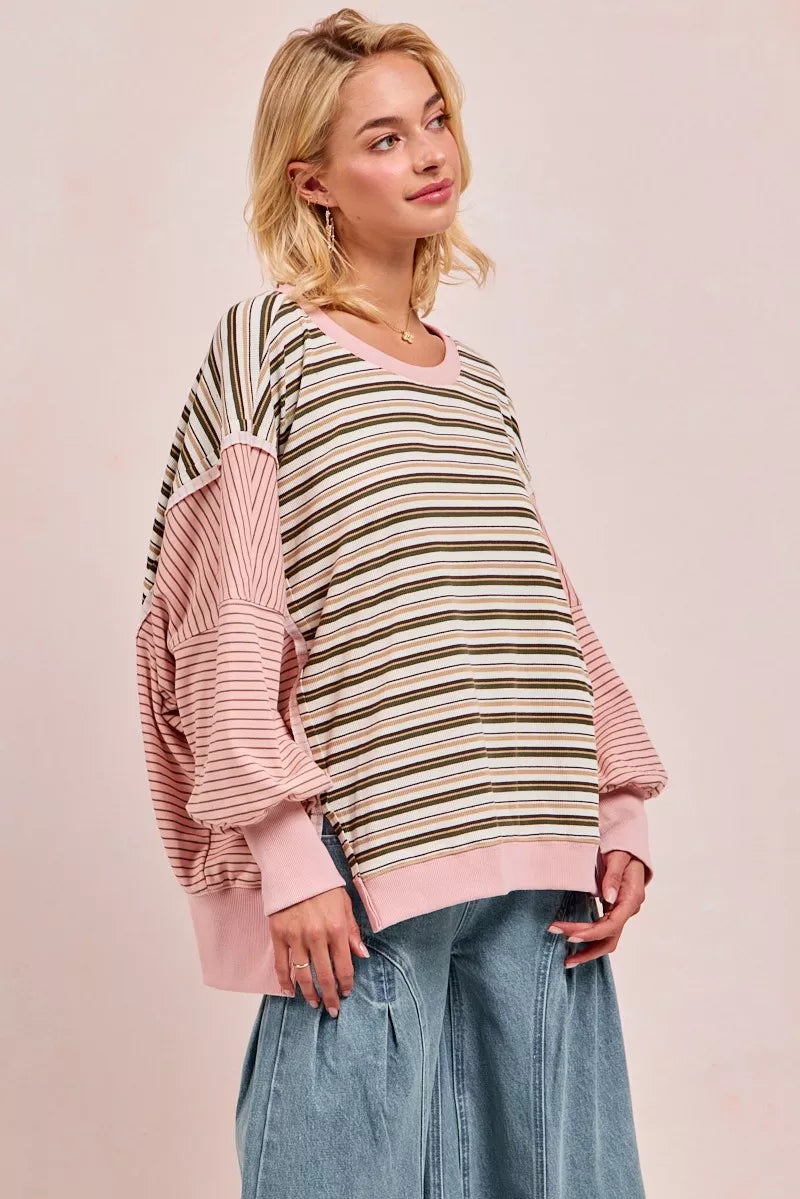 BiBi Stripe Mixed Top With Cut Edge And Reverse Outseam | Sweatshirts Daverri Fashions