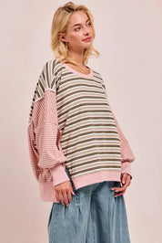 BiBi Stripe Mixed Top With Cut Edge And Reverse Outseam | Sweatshirts Daverri Fashions