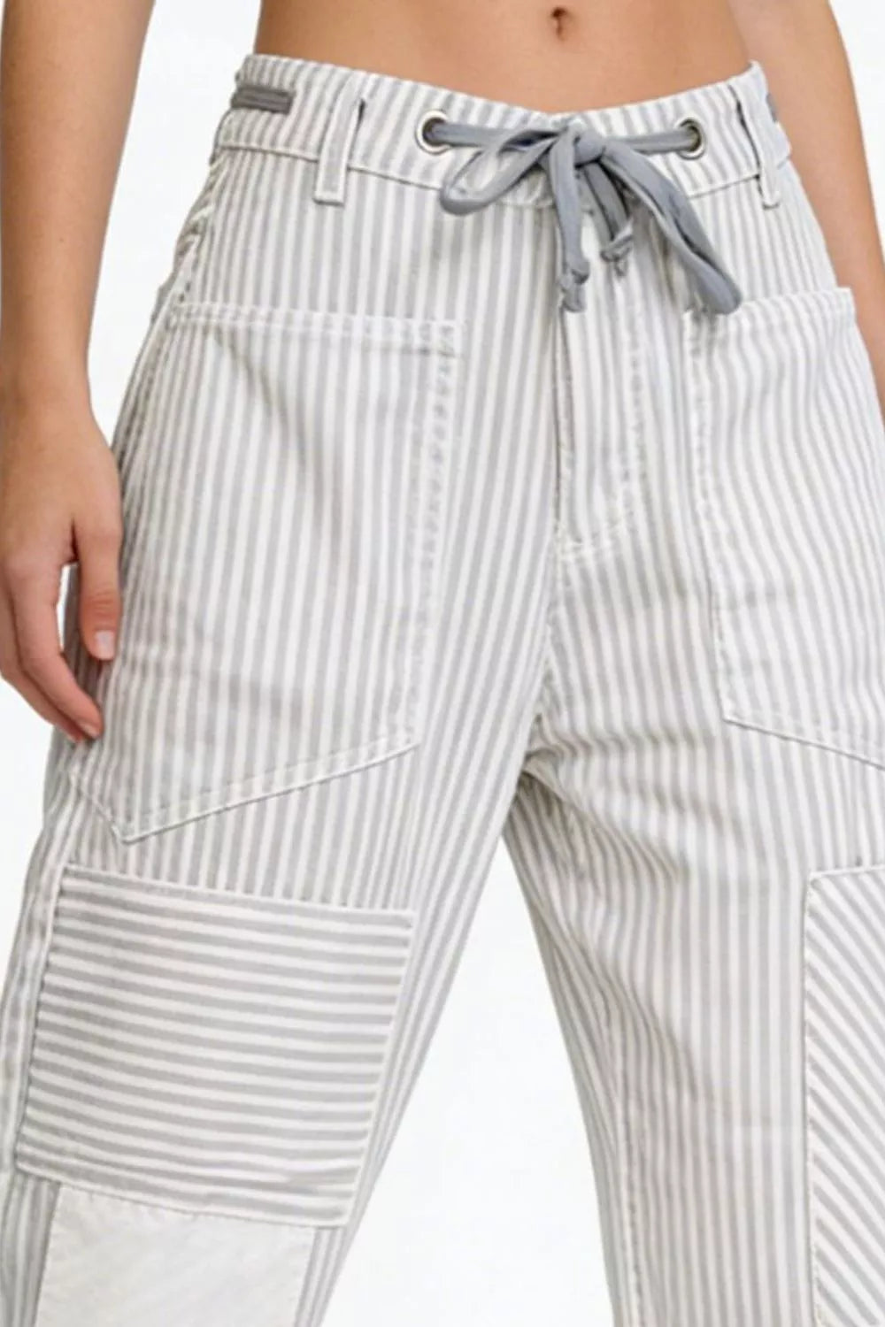 Daverri Striped Wide-Leg Pants in gray and white vertical stripes with drawstring waist