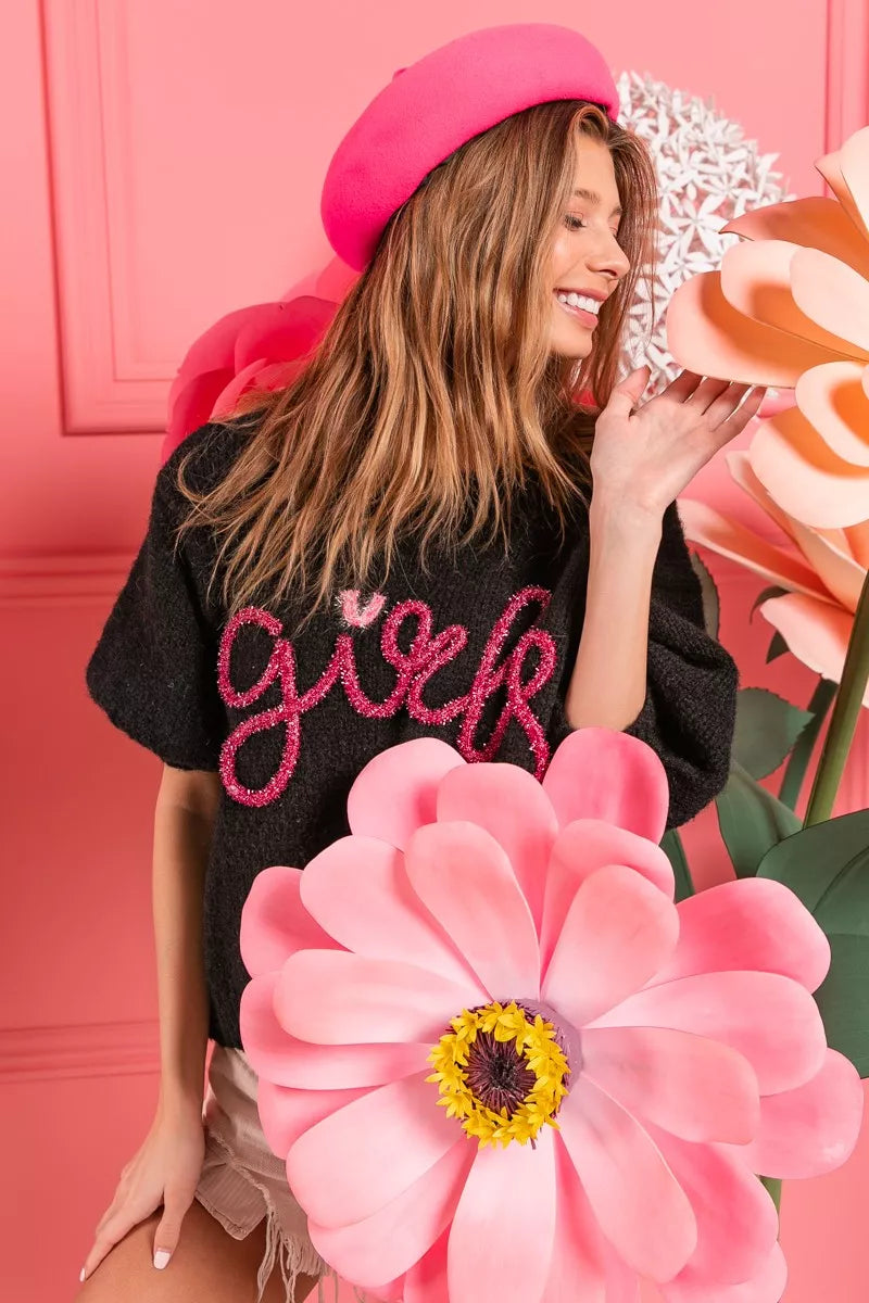 BiBi Metallic Letter Short Puff Sleeve Hairy Sweater | Sweaters Daverri Fashions