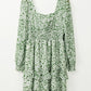 Delicate green white floral ruffle hem square neck long sleeve mini dress