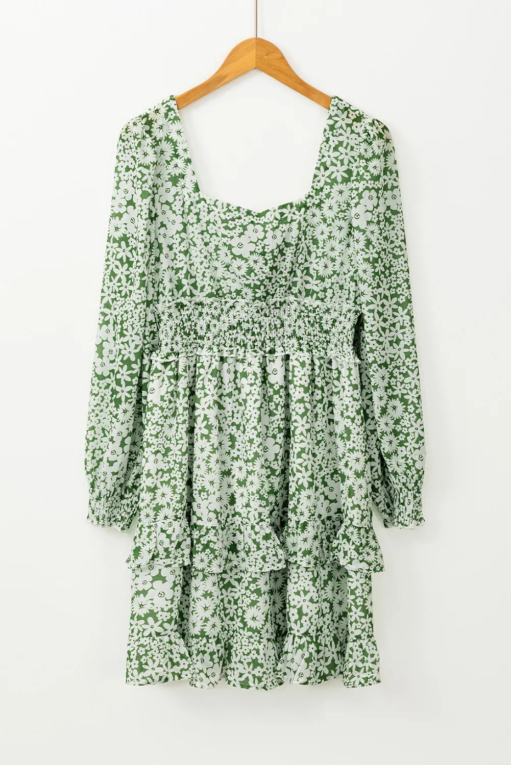 Delicate green white floral ruffle hem square neck long sleeve mini dress