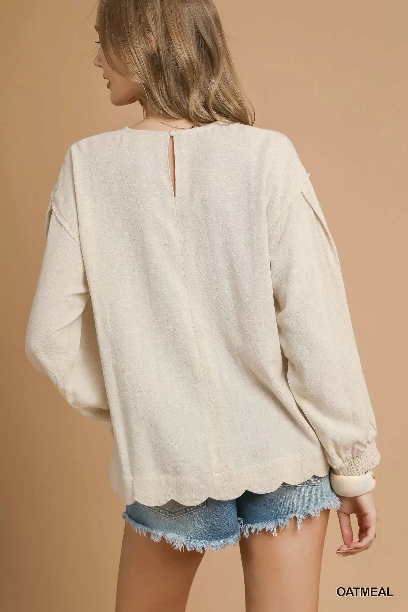 Umgee Linen Scallop Hem Long Sleeve Blouse - DAVERRI FASHIONS