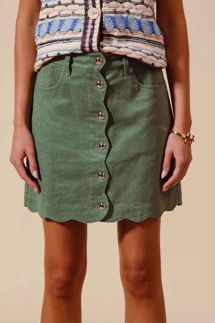 SO ME Scallop Buttoned Front Corduroy Mini Skirt DUSTY SAGE