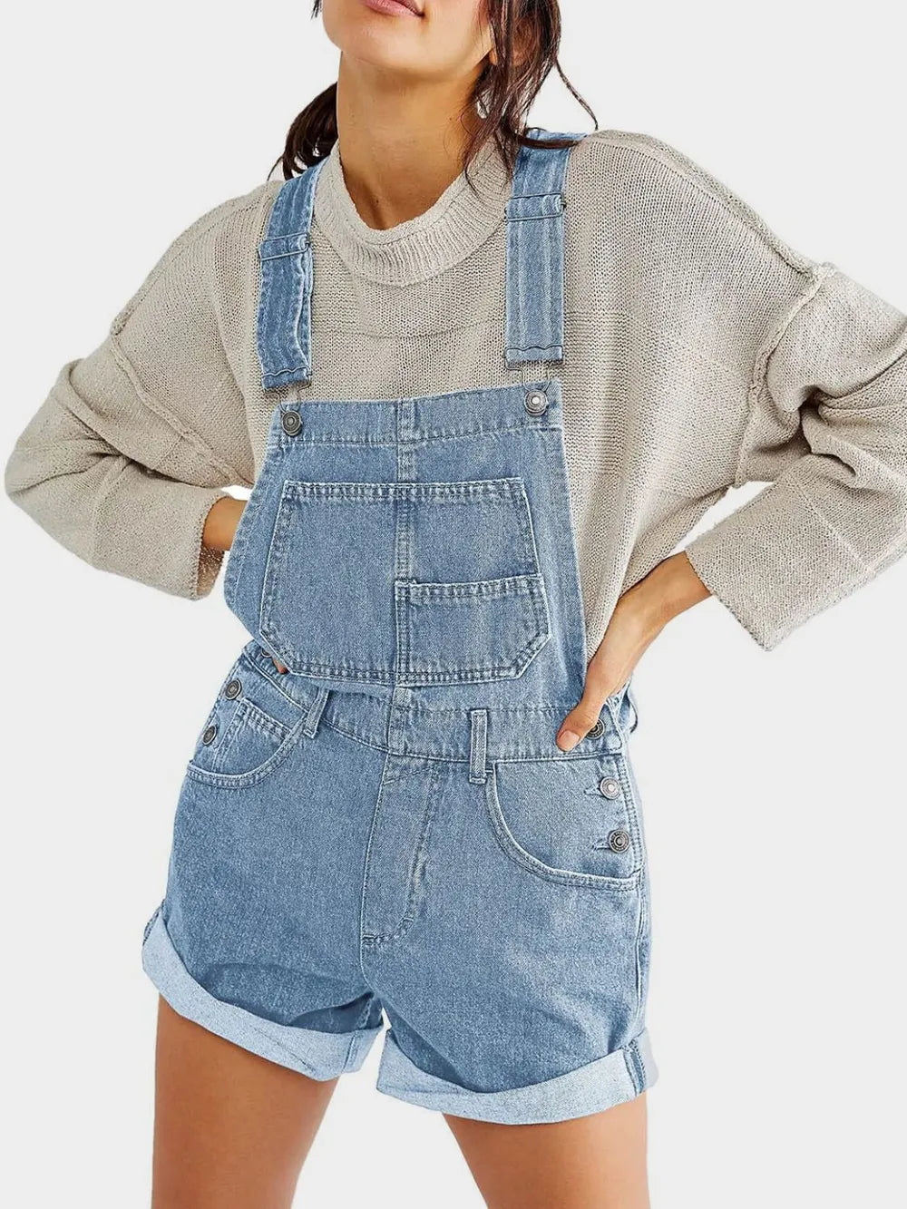 Light-wash square neck denim overalls with rolled cuffs and pockets