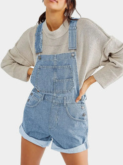 Light-wash square neck denim overalls with rolled cuffs and pockets