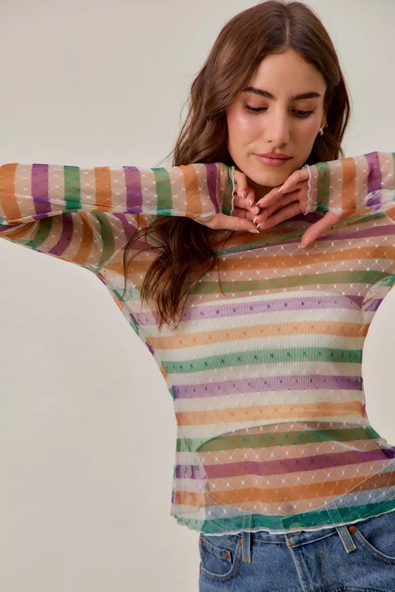 SO ME Mardi Gras Color Stripe Stretch Mesh Top with polka dots