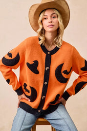 BiBi Halloween Witch Hat Moon Bat Artwork Cardigan | Cardigans Daverri Fashions
