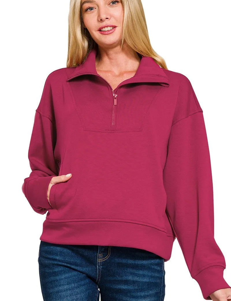 Zenana Scuba Half Zip Sweatshirt with Pockets | Sweatshirts Daverri Fashions