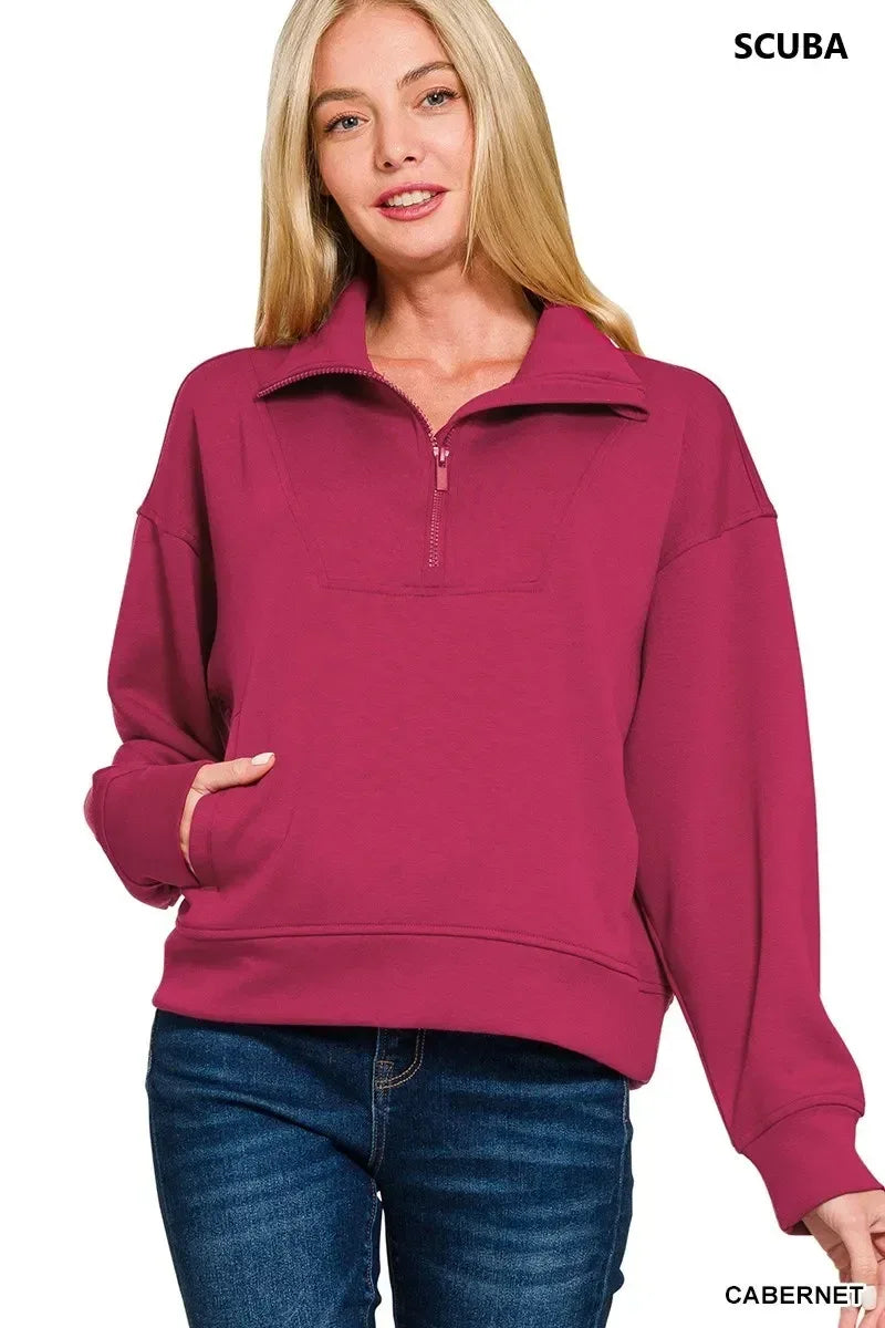Zenana Scuba Half Zip Sweatshirt with Pockets - DAVERRI FASHIONS