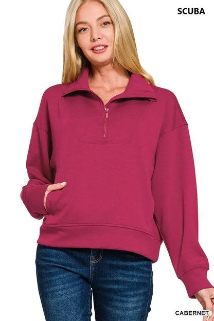 Zenana Scuba Half Zip Sweatshirt with Pockets - DAVERRI FASHIONS