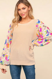 Tan Multi S Haptics Floral Sequins Mesh Flounce Sleeve Sweater | Sweaters Daverri Fashions