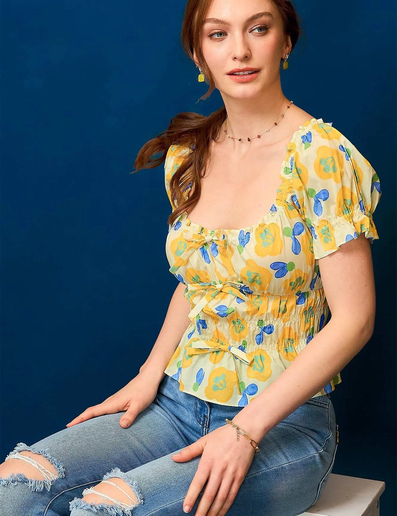 Yellow Umgee Floral Smocked Peplum Blouse | Daverri Fashions