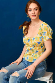 Yellow Umgee Floral Smocked Peplum Blouse | Daverri Fashions