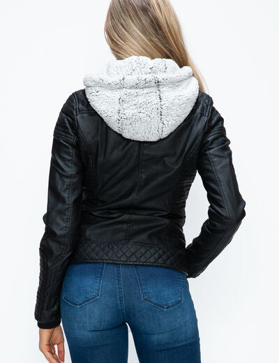 YMI Faux Layered Double-Zipper Jacket with Fuzzy Hood