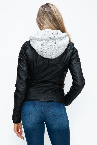 YMI Faux Layered Double-Zipper Jacket with Fuzzy Hood