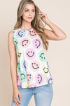 BOMBOM Smiley Face Round Neck Tank - DAVERRI FASHIONS
