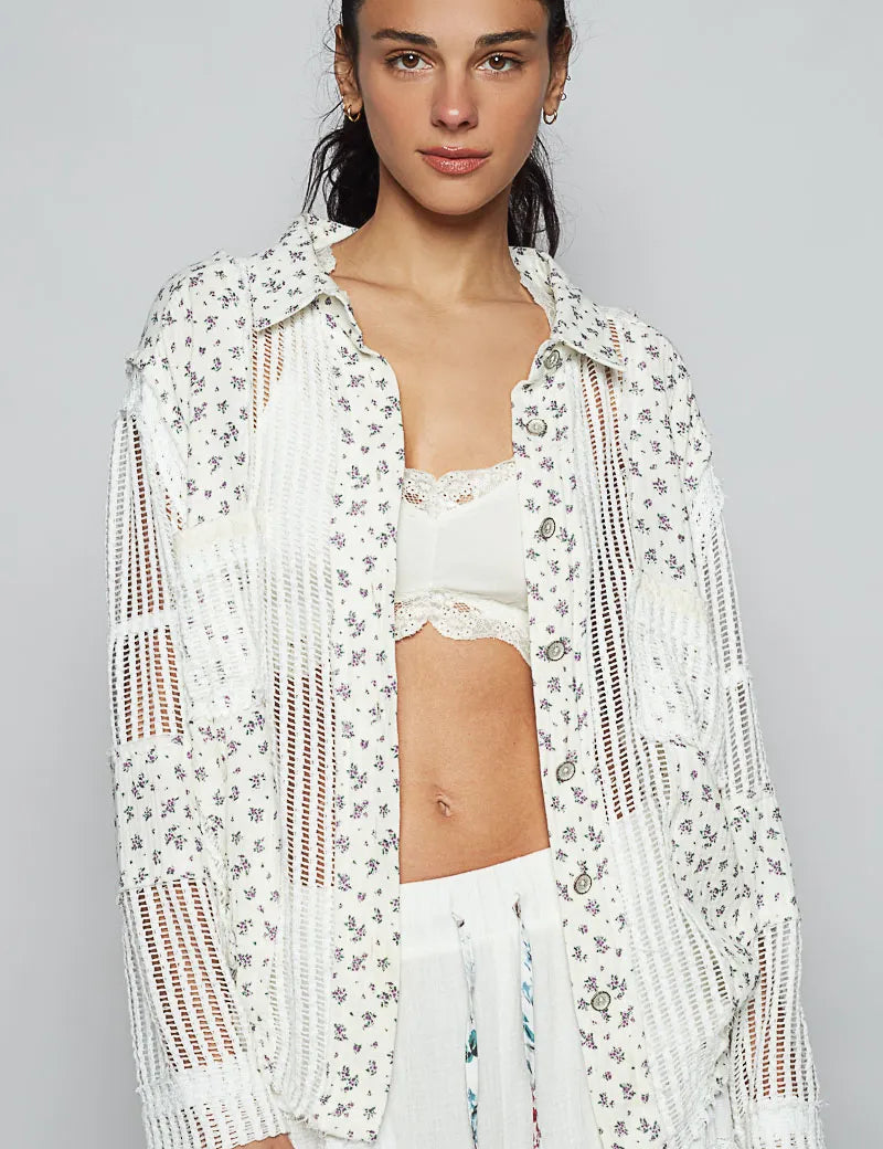 POL Floral Crochet Patchwork Long Sleeve Shirt | Shirts Daverri Fashions