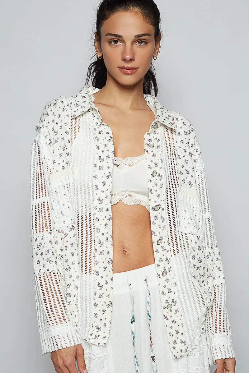 POL Floral Crochet Patchwork Long Sleeve Shirt Shirts