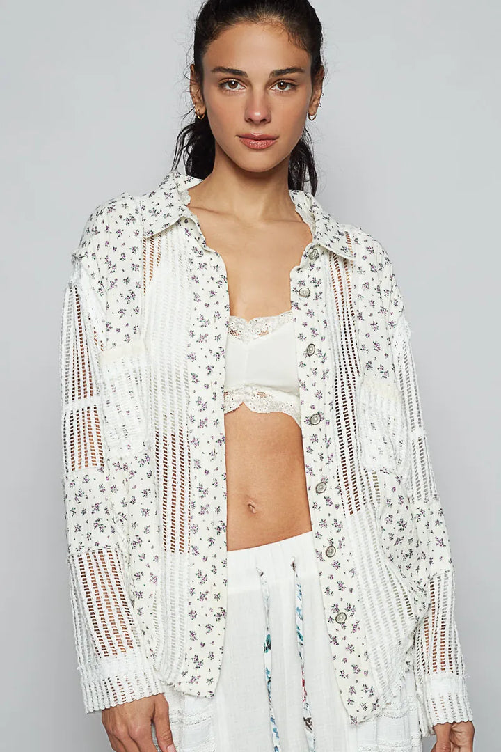 POL Floral Crochet Patchwork Long Sleeve Shirt Shirts
