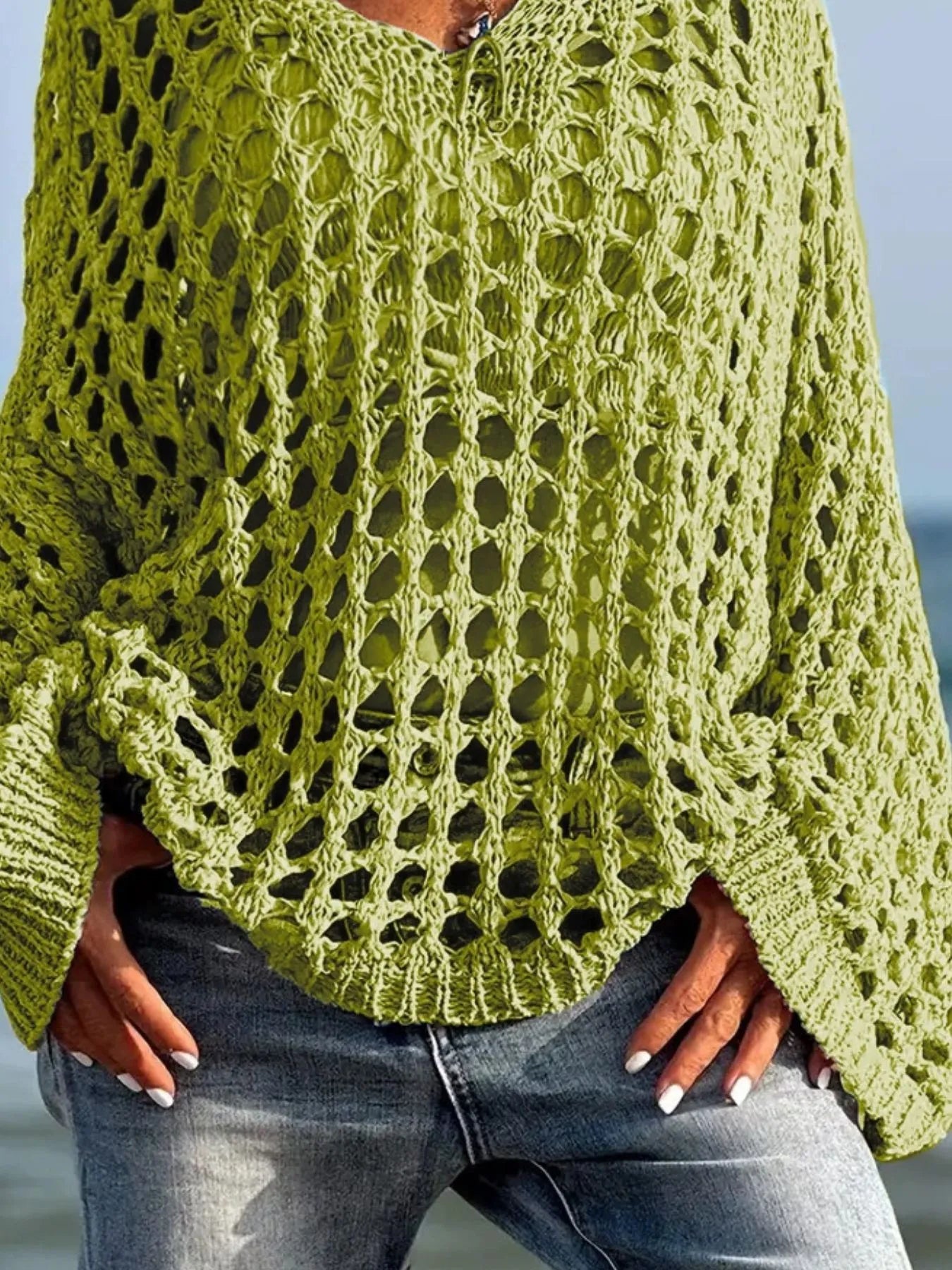 Lime green crochet long sleeve knit cover up with v-neck and bell sleeves