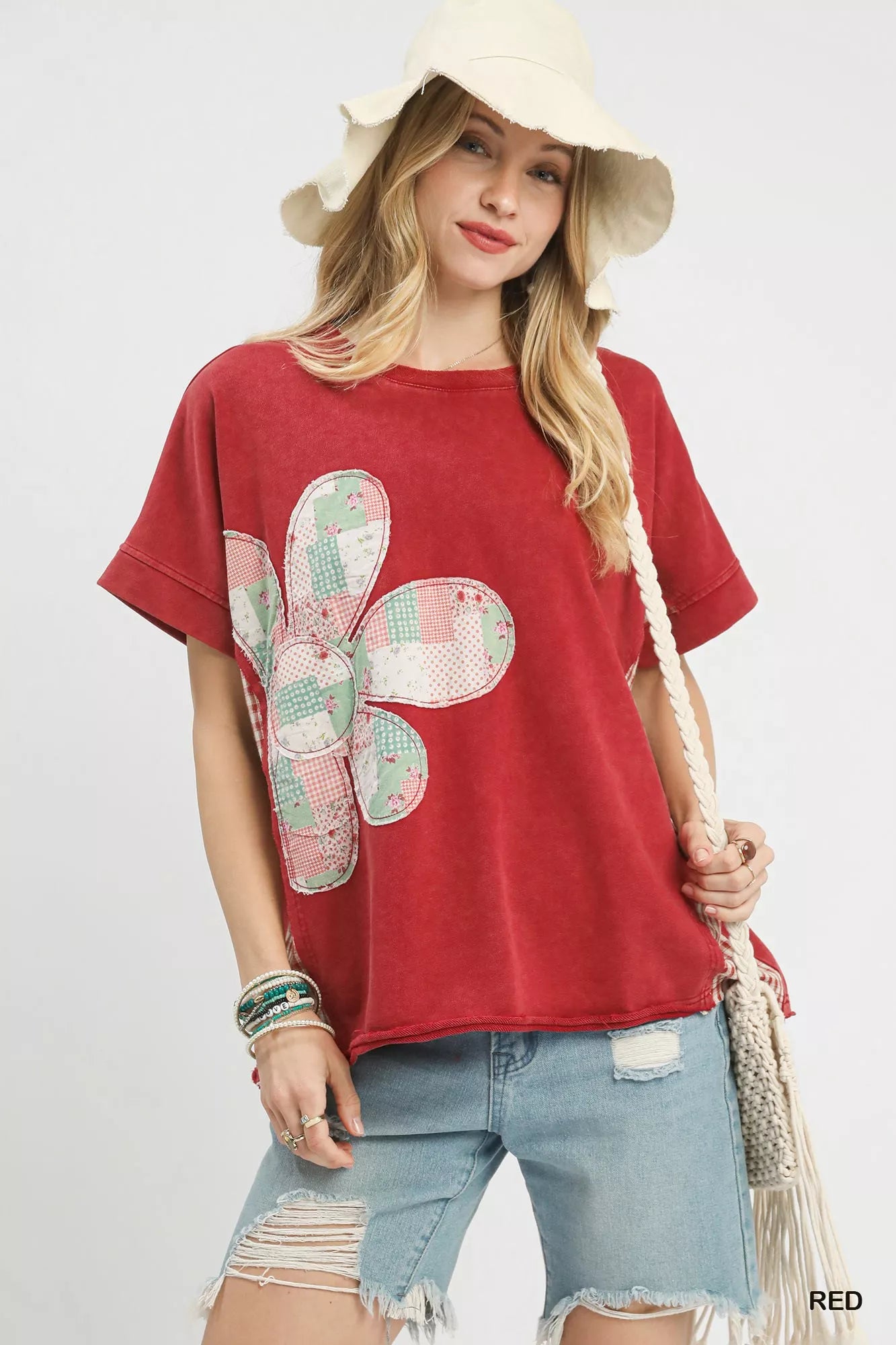 Red short-sleeved Umgee Mineral Wash French Terry Top with green, pink, white patchwork flower design