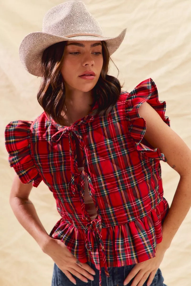 SO ME Christmas Holiday Plaid Ruffled Quilt Vest Top | Vest Tops Daverri Fashions