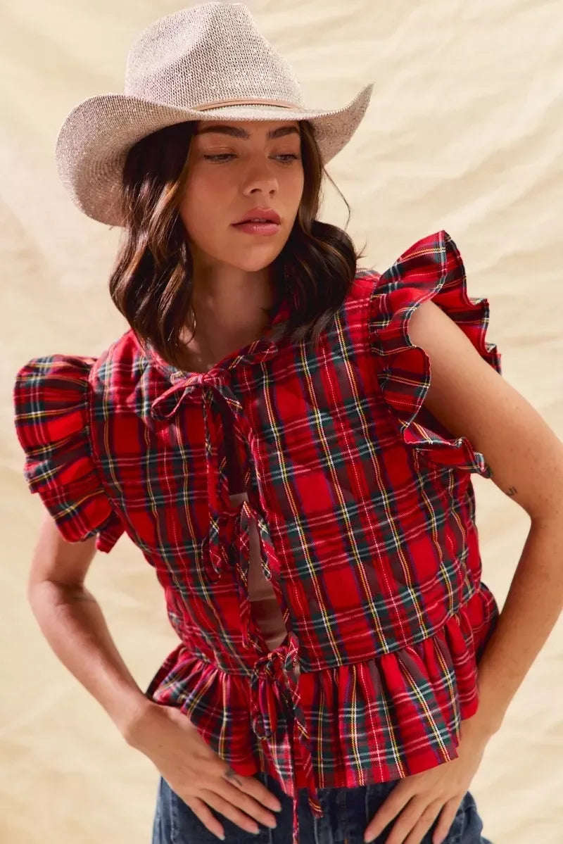 SO ME Christmas Holiday Plaid Ruffled Quilt Vest Top - DAVERRI FASHIONS