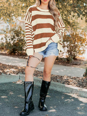 Brown and cream striped drop shoulder baggy sweater with ribbed cuffs