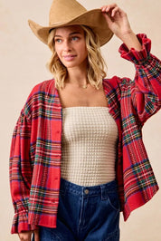 BiBi Christmas Plaid V-Neck Flounce Sleeve Jacket | Jackets Daverri Fashions